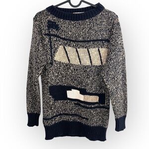 Vintage Laurel by Escada Linen Cotton Knit Navy cream print Jumper Sweater small